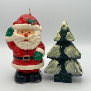 Set of 2 Large Vintage Christmas Candles Santa Claus 8" & Snow-Covered Tree 7"